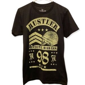 HUSTLER Official Badass ‘98 Skull Army Size Small Black T Shirt, Stars & Stripes